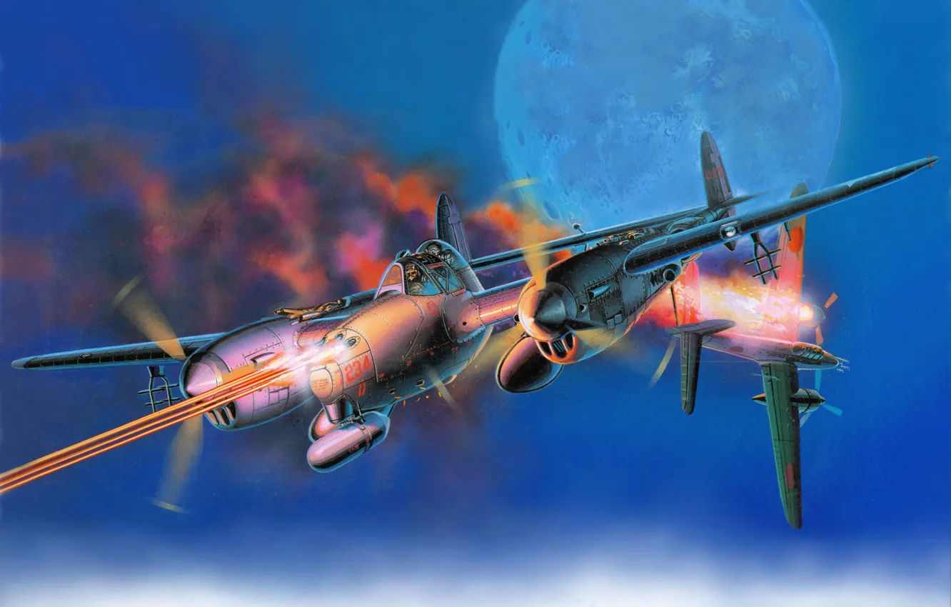 Фото обои небо, огонь, пламя, луна, рисунок, истребитель, арт, бомбардировщик