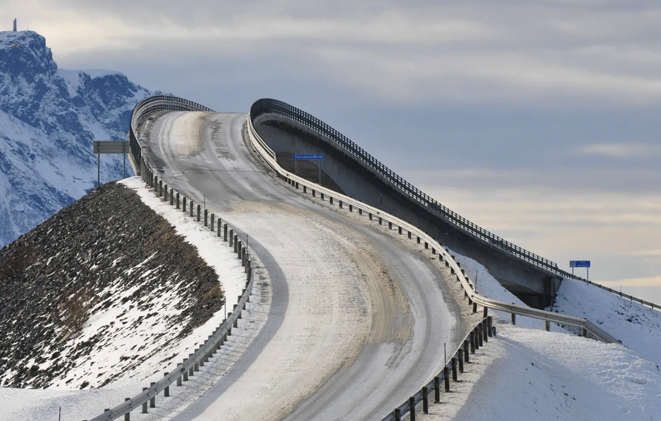 Фото обои дорога, снег, поворот, Atlanterhavsveien