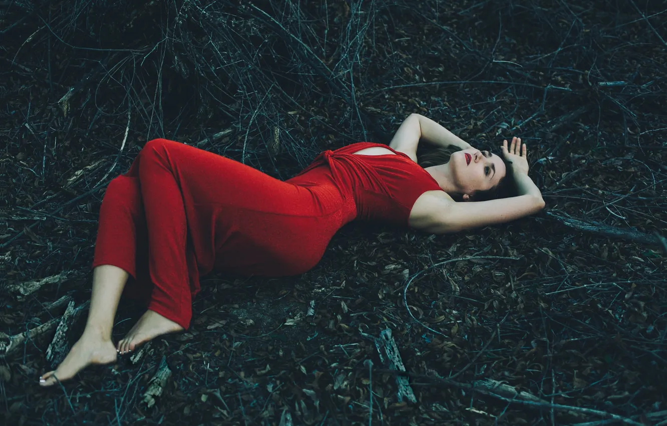 Фото обои girl, sexy, forest, lips, red dress