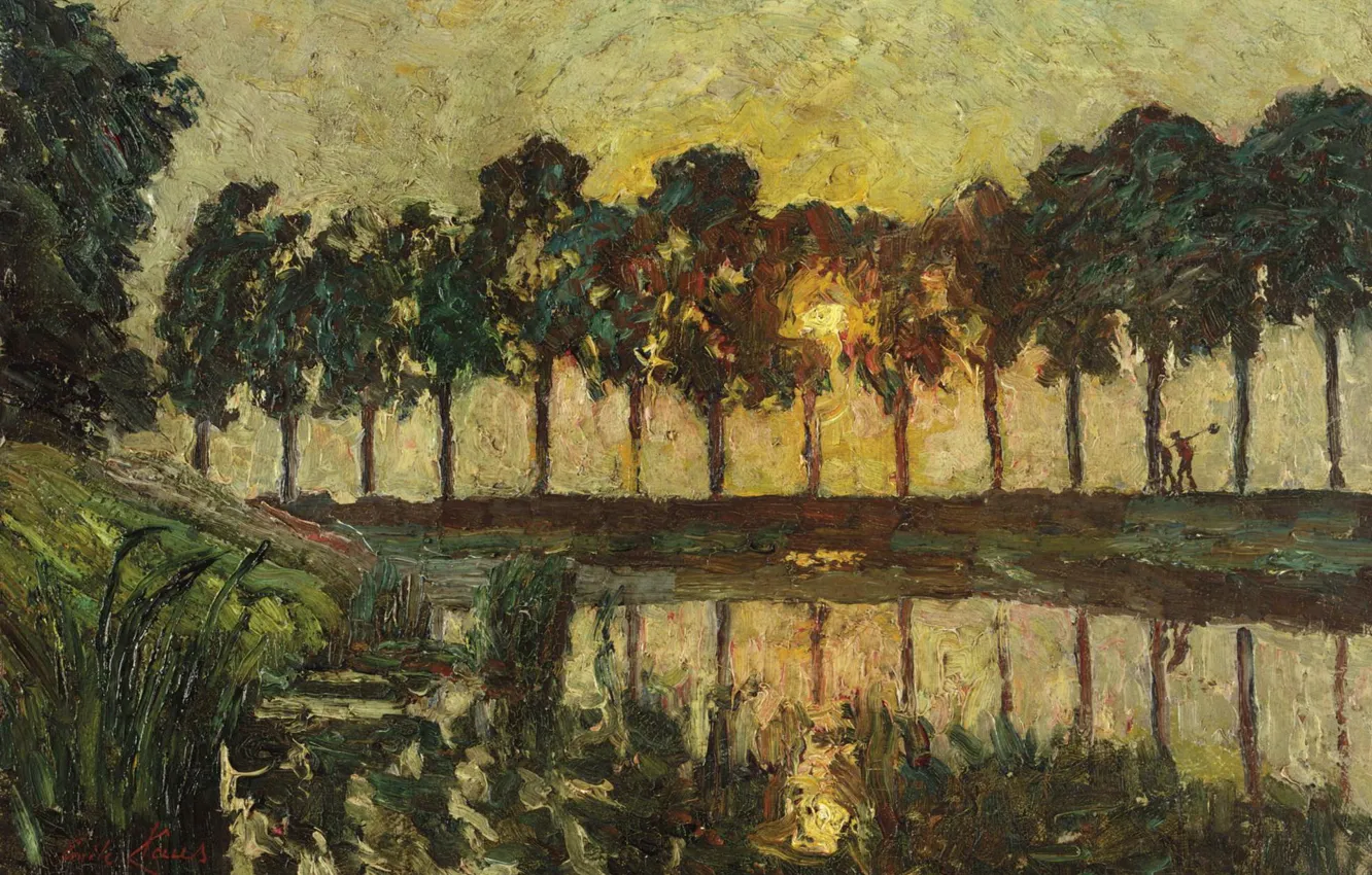 Фото обои пейзаж, закат, картина, Эмиль Клаус, Деревья у озера