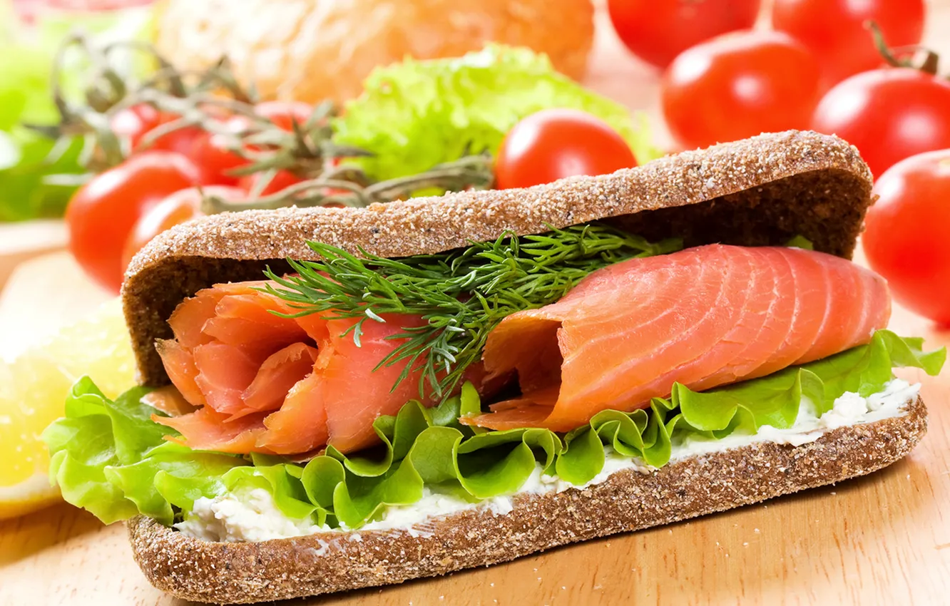 Фото обои рыба, хлеб, бутерброд, помидоры, fish, bread, tomatoes, Fast food