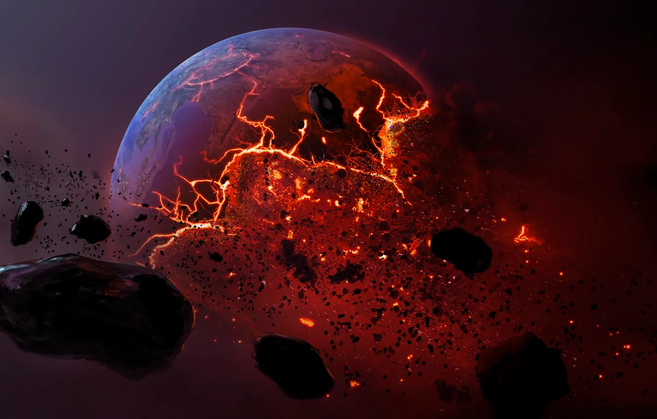 Фото обои метеорит, planet, мертвая планета, горящая земля