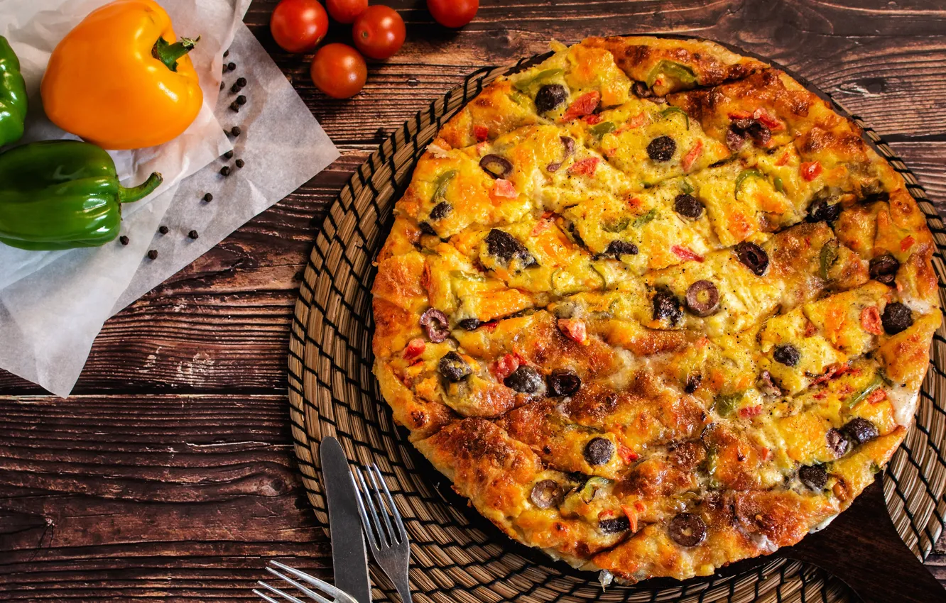 Фото обои перец, пицца, помидоры