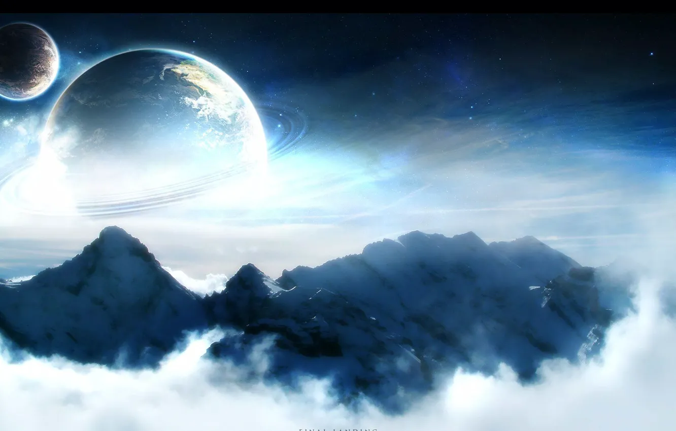Фото обои космос, горы, планеты, светлый, кольца