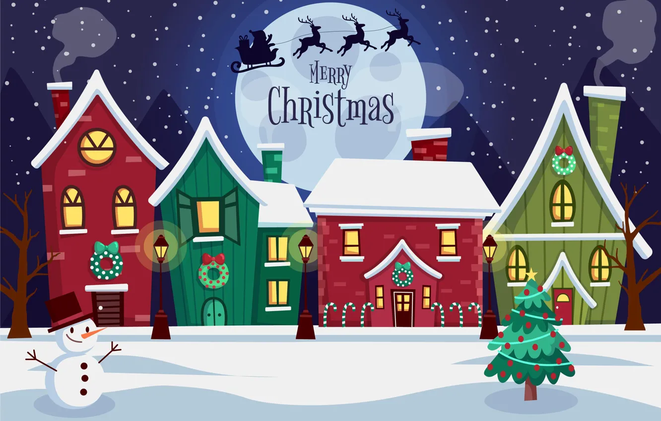 Фото обои Дома, Зима, Ночь, Снег, Луна, Рождество, Новый год, Санта Клаус