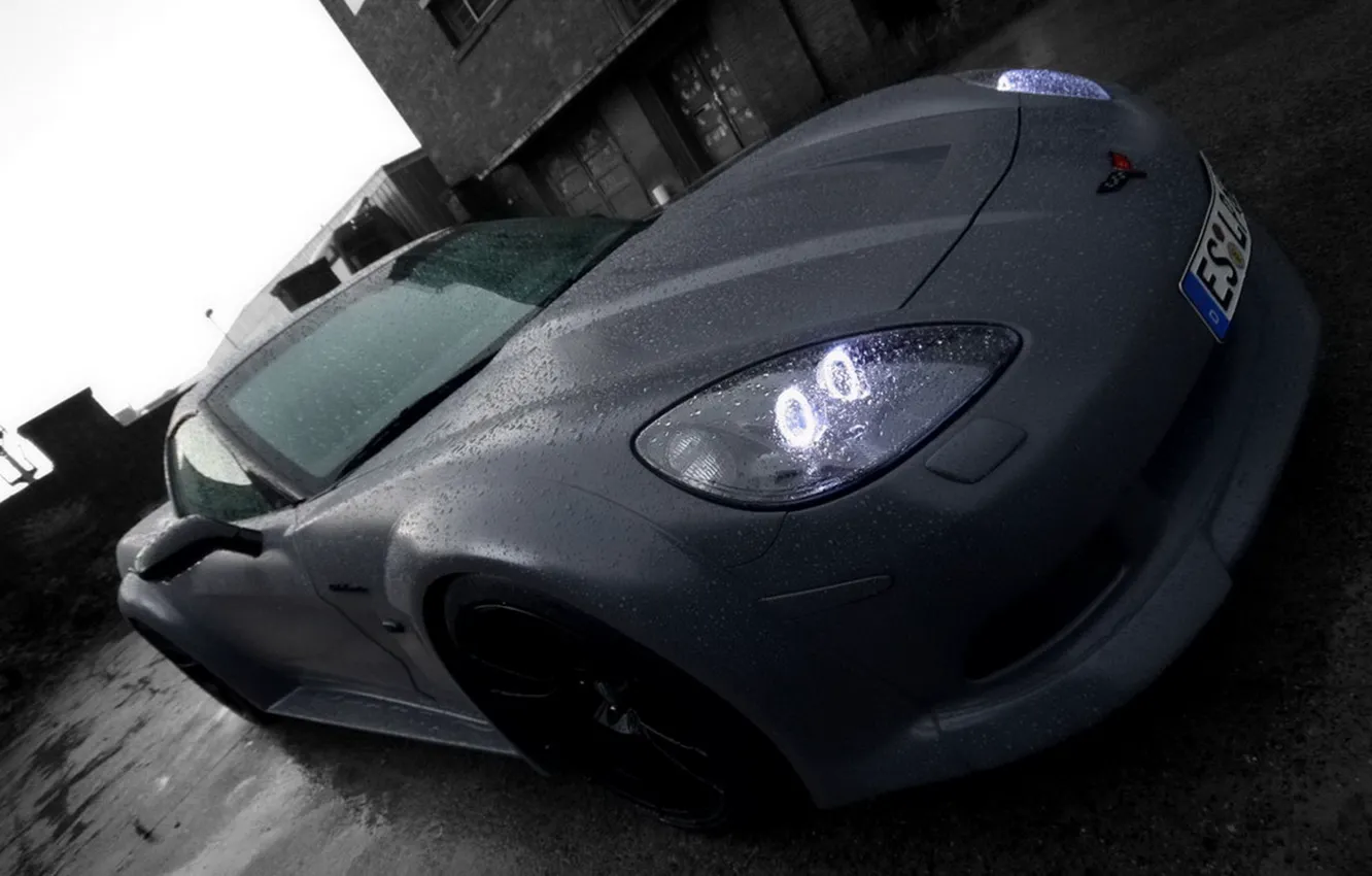 Фото обои дождь, черно-белая, Auto, LOM Performance Corvette C6