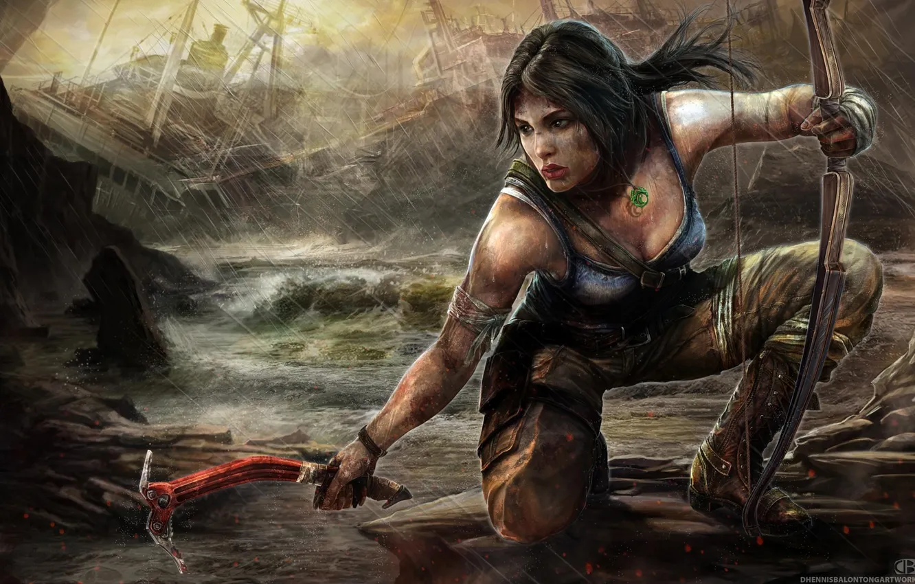 Фото обои лук, арт, Tomb Raider, Лара Крофт, art, Lara Croft, ледоруб