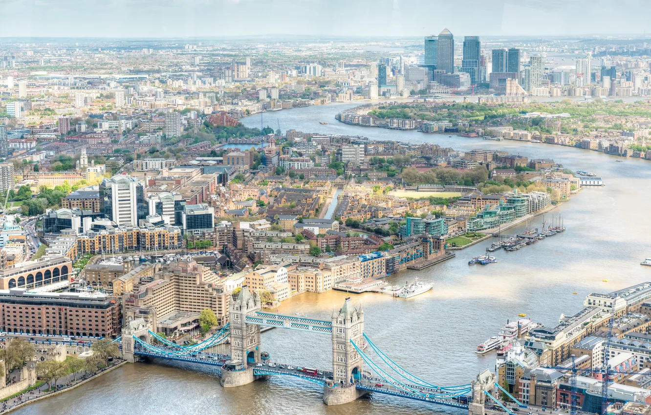 Фото обои мост, река, Лондон, дома, горизонт, панорама, Темза, улицы