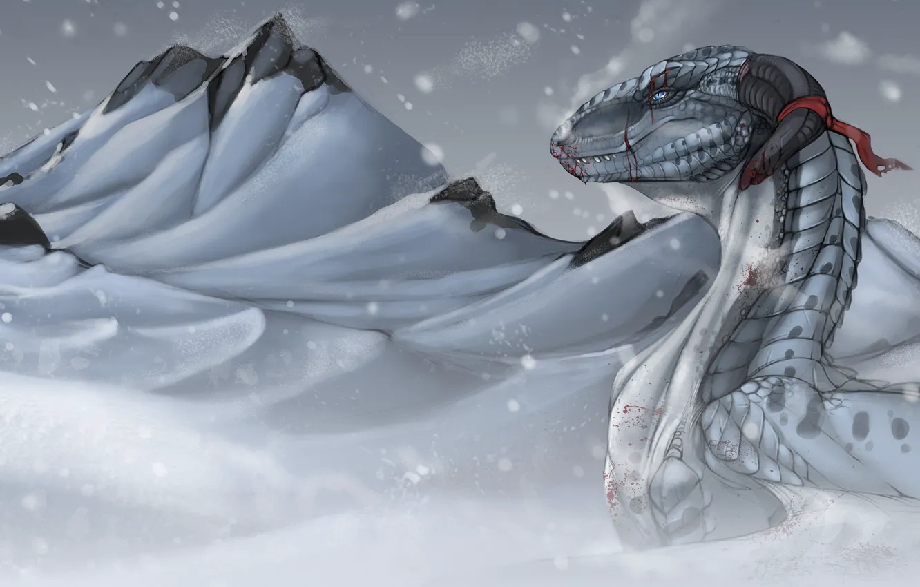 Фото обои холод, зима, горы, в снегу, кровь, раненый, белый дракон