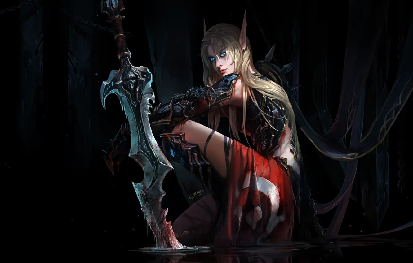 Фото обои девушка, рисунок, меч, фэнтези, арт, блондинка, girl, sword