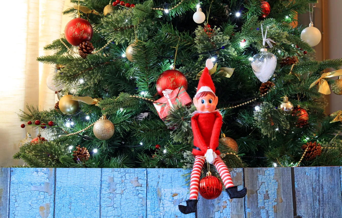 Фото обои Кукла, Рождество, Новый год, Елка, Эльф, Christmas, Игрушки