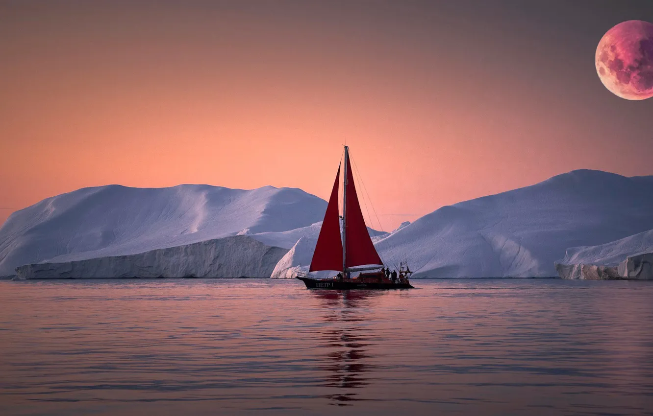 Фото обои море, закат, яхта, льды, айсберги, полная луна, Гренландия