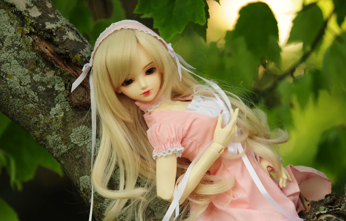 Фото обои листья, дерево, кукла, блондинка, ленточки, doll, BJD, розовое платье