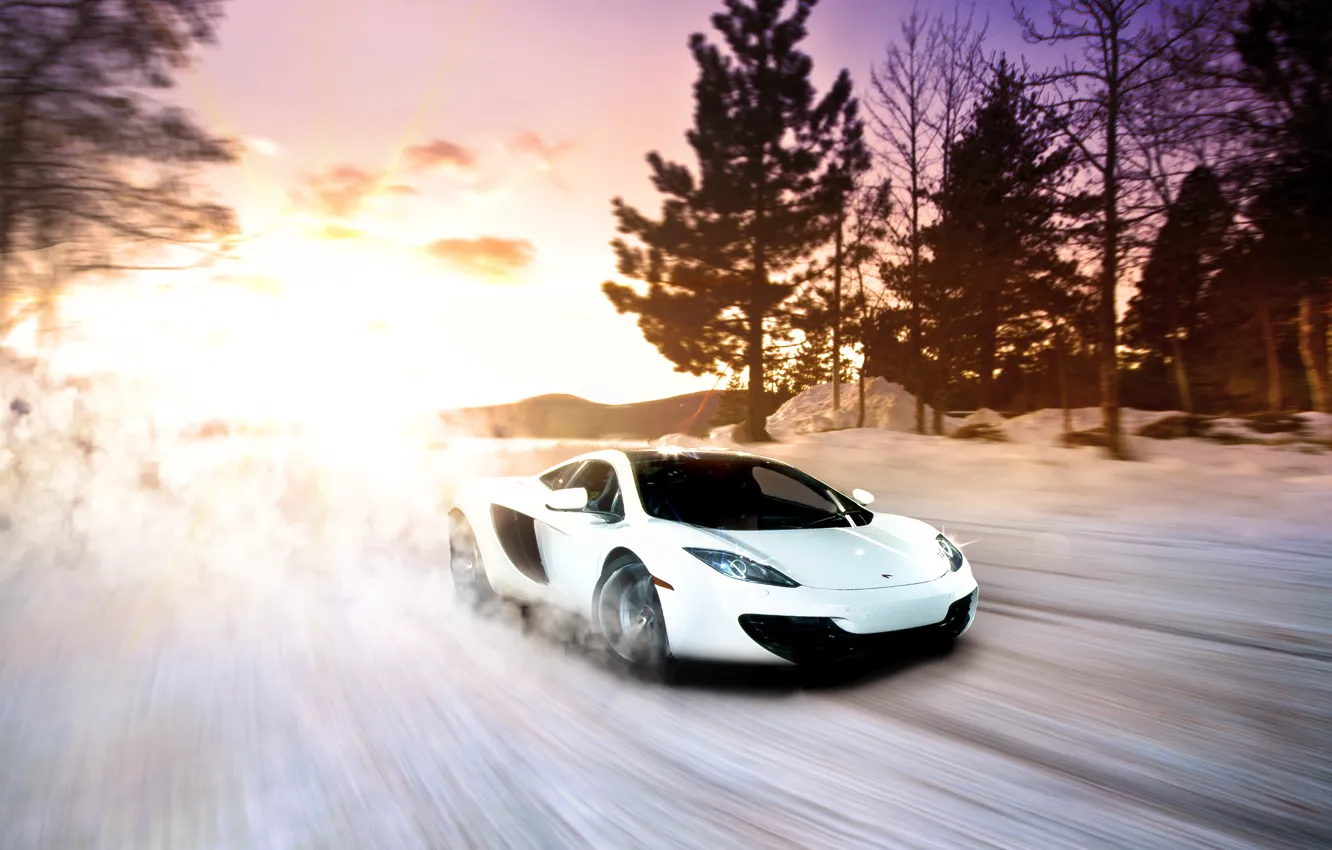 Фото обои McLaren, Winter, Sunset, MP4-12C, Snow, White, exotic, Supercar
