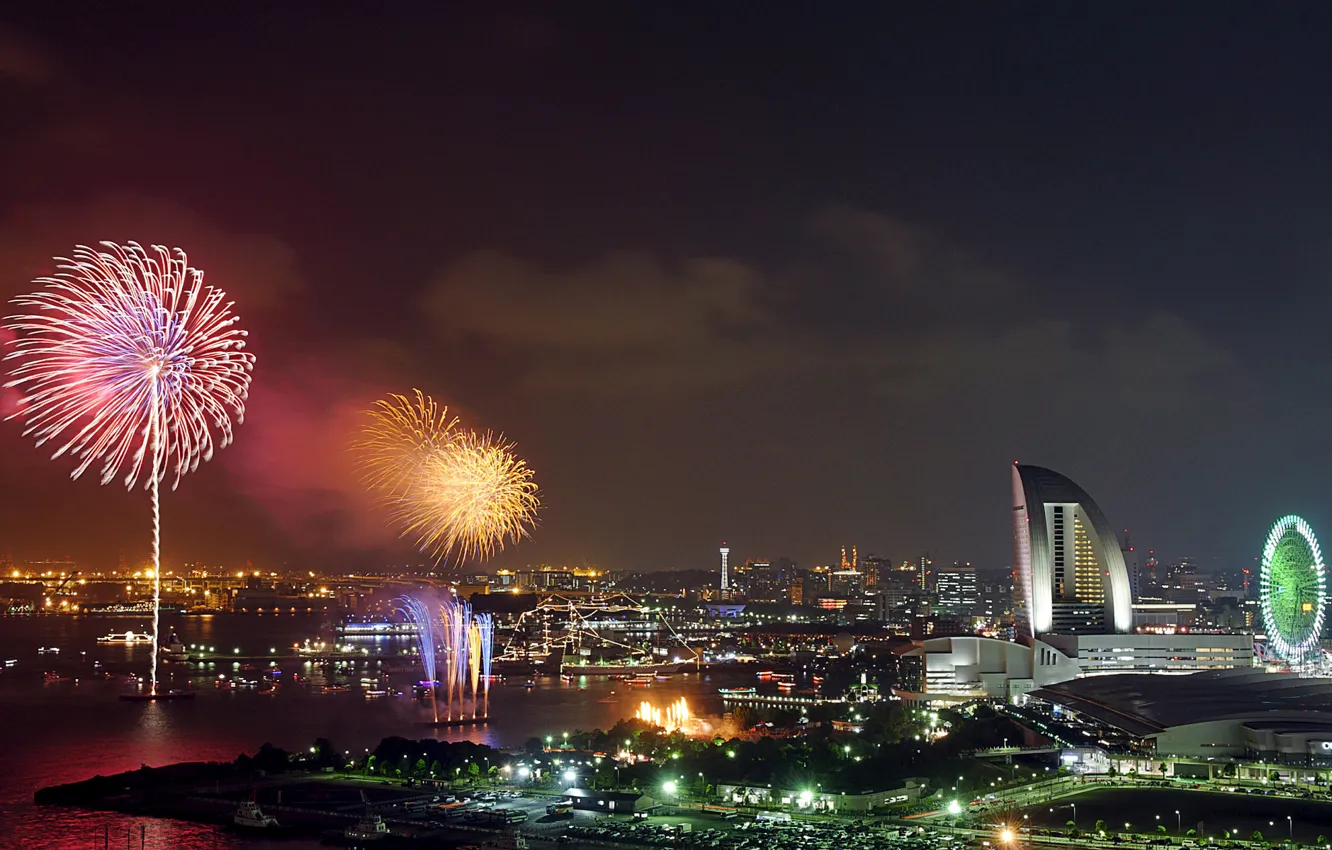 Фото обои салют, Япония, Japan, фейерверк, Fireworks. Yokohama, Kanagawa