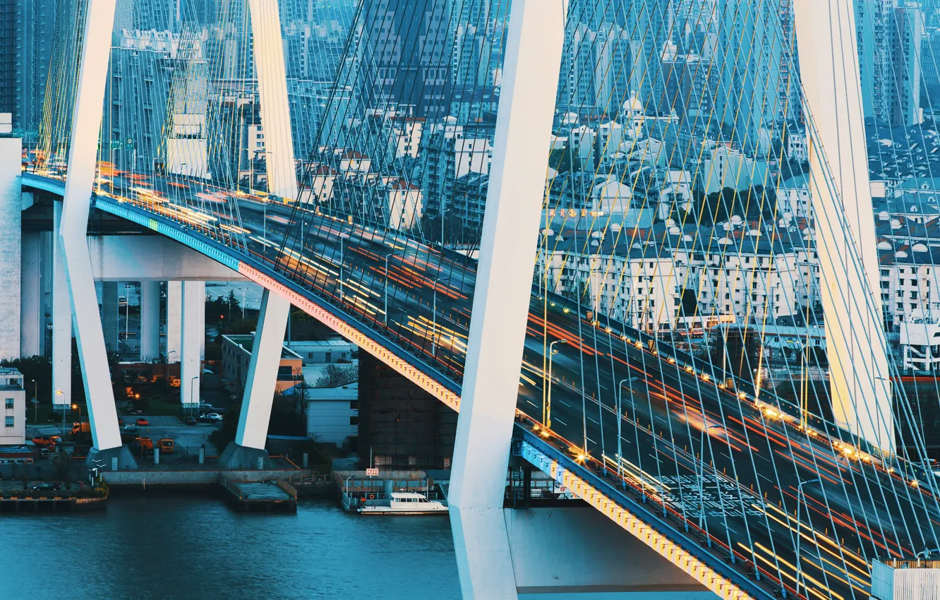 Фото обои мост, город, Китай, Шанхай, дорга
