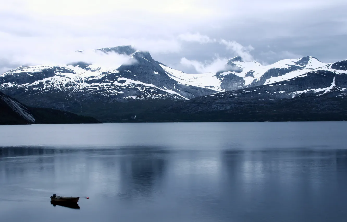 Фото обои пейзаж, горы, озеро, лодка