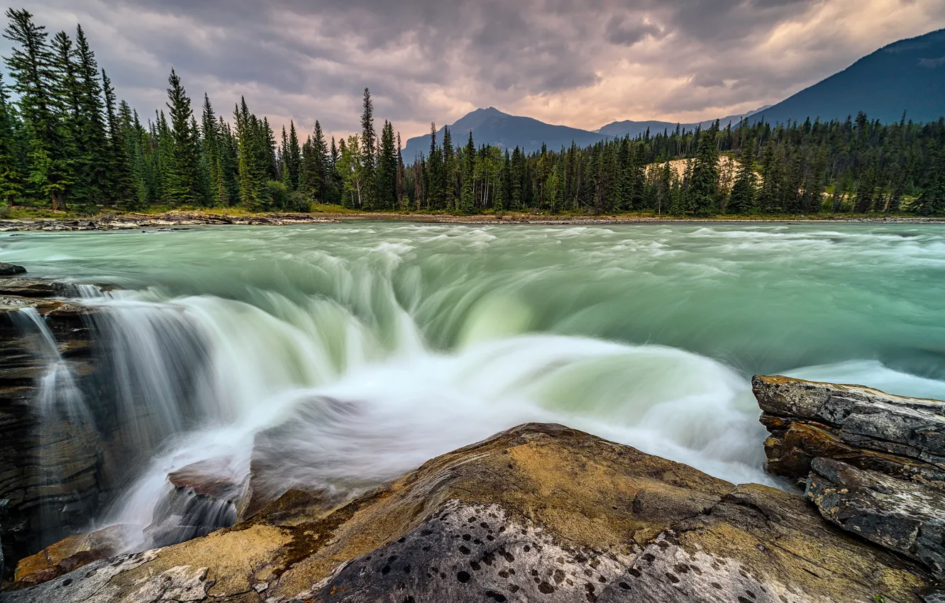 Фото обои лес, горы, скалы, водопад, поток