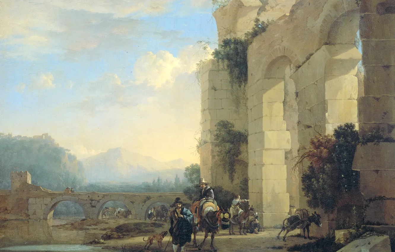 Фото обои пейзаж, картина, Ян Асселин, Ездоки на Ослах в Итальянских Руинах