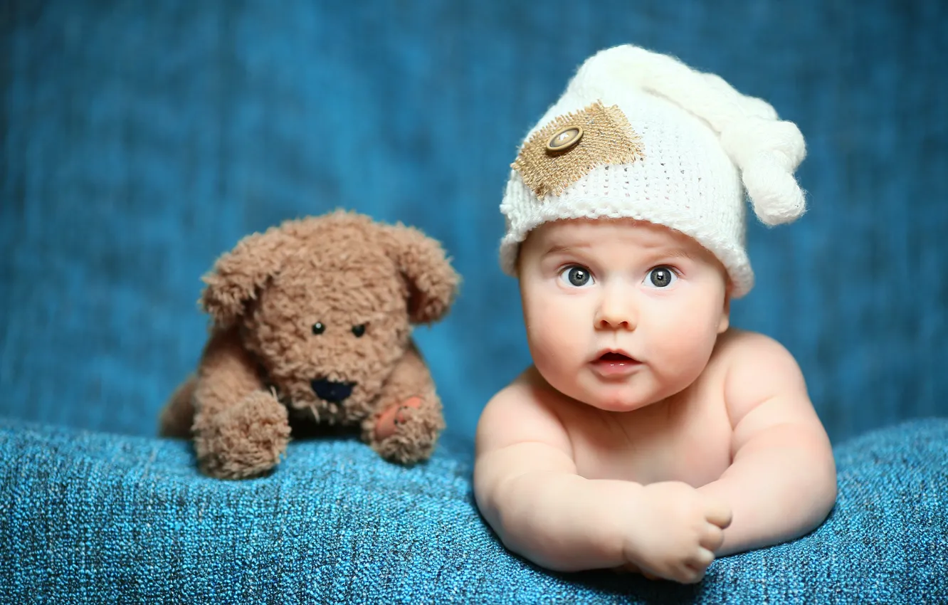 Фото обои игрушка, ребенок, мишка, Baby, bear, шапочка, младенец, teddy
