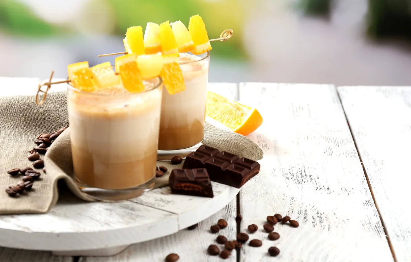 Фото обои кофе, апельсин, шоколад, зерна, коктейль, десерт, сладкое, батончик