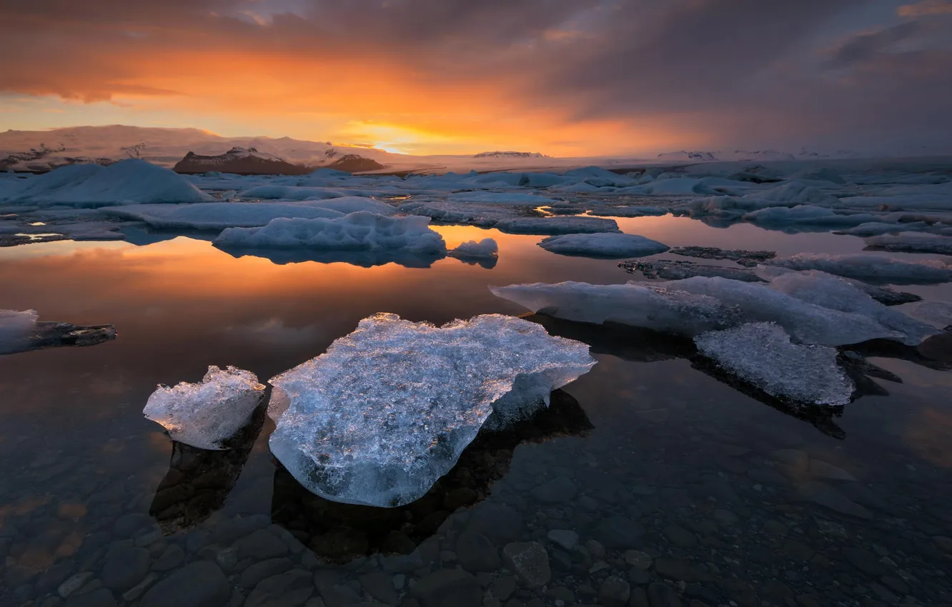 Фото обои лед, пейзаж, океан, рассвет