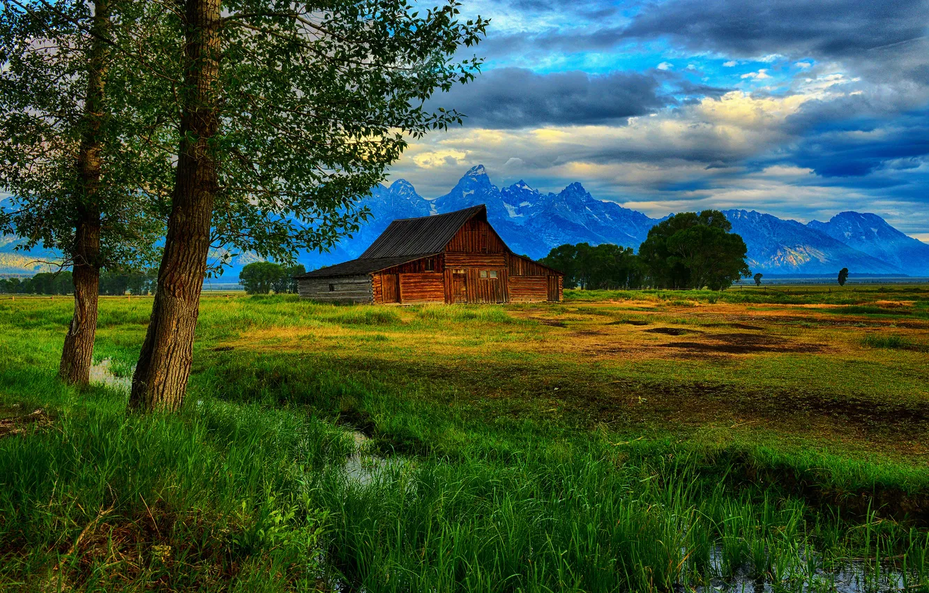 Фото обои деревья, горы, ручей, хижина, Wyoming, Grand Teton National Park, Thomas Moulton Barn