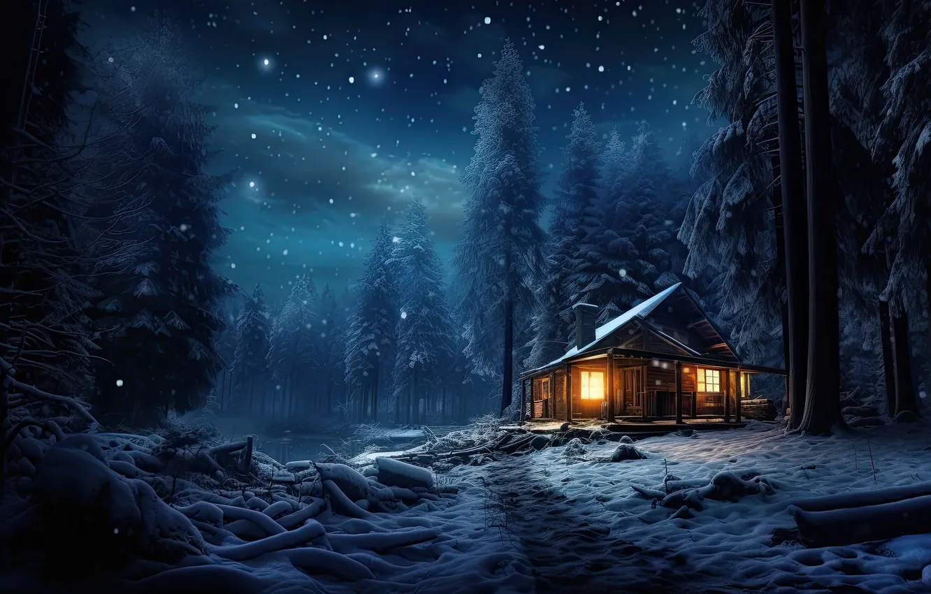 Фото обои зима, лес, снег, горы, ночь, природа, домик, house