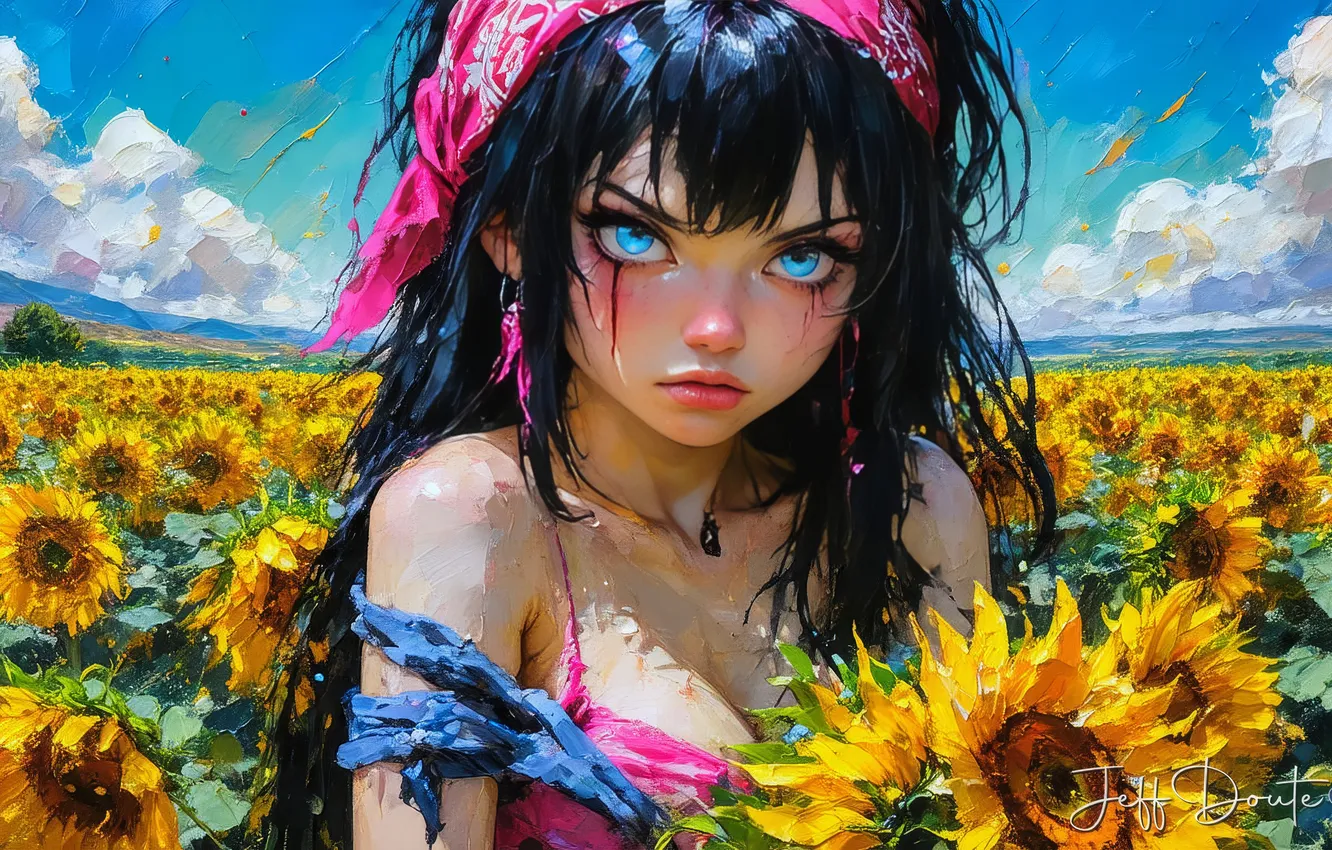 Фото обои поле, облака, подсолнухи, брюнетка, голубые глаза, digital art, цифровое искусство, ИИ арт