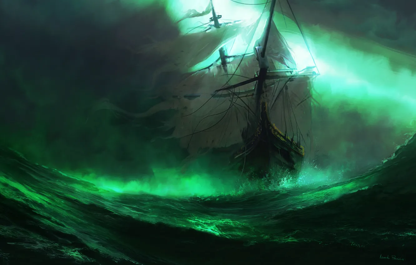 Фото обои море, волны, туман, корабль, арт, паруса