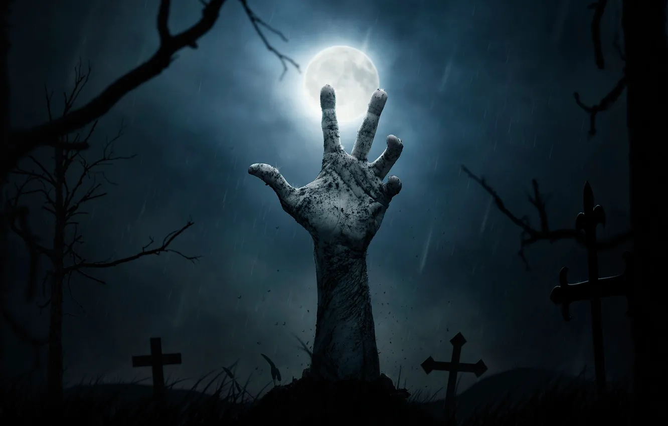 Фото обои ночь, луна, кресты, могилы, рука, кладбище, Halloween, ужас