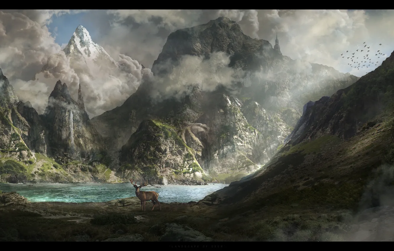 Фото обои animals, landscape, mountains, lake, look, deer