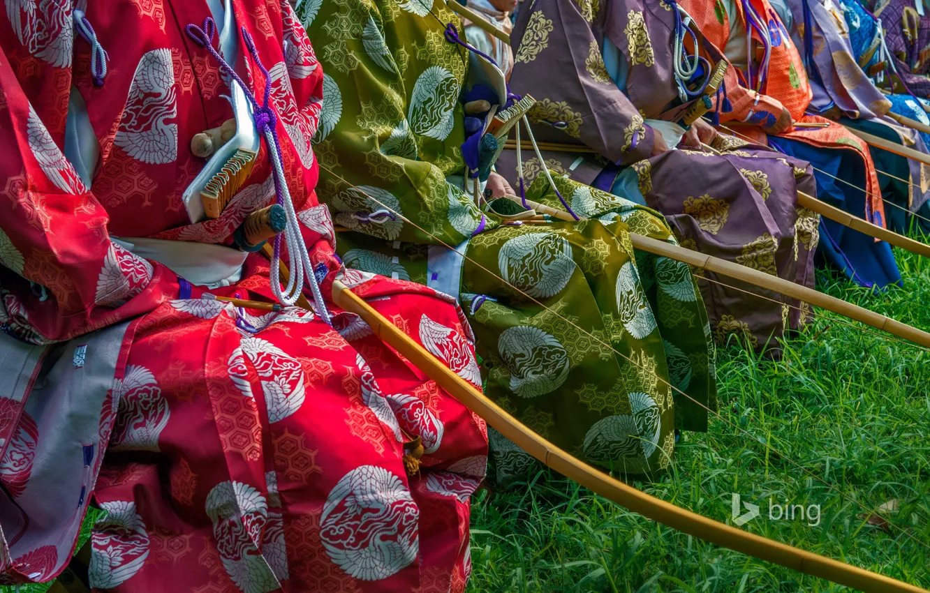 Фото обои краски, Япония, Токио, костюм, кимоно, лучники, Meiji Shrine