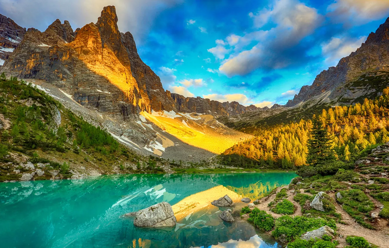Фото обои небо, деревья, озеро, парк, Альпы, Италия, скалистые горы, sky