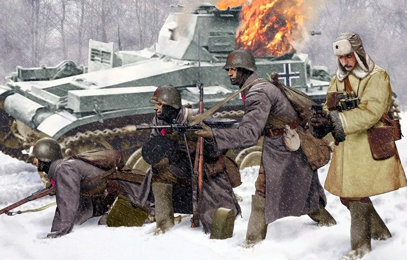 Фото обои зима, солдаты, 1941, горящий танк, Советская пехота