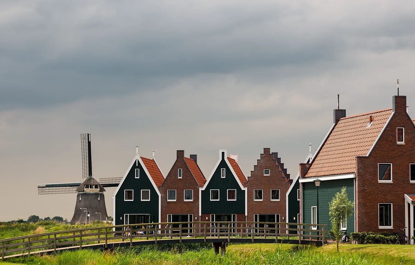 Фото обои дома, Нидерланды, ветряная мельница, Волендам
