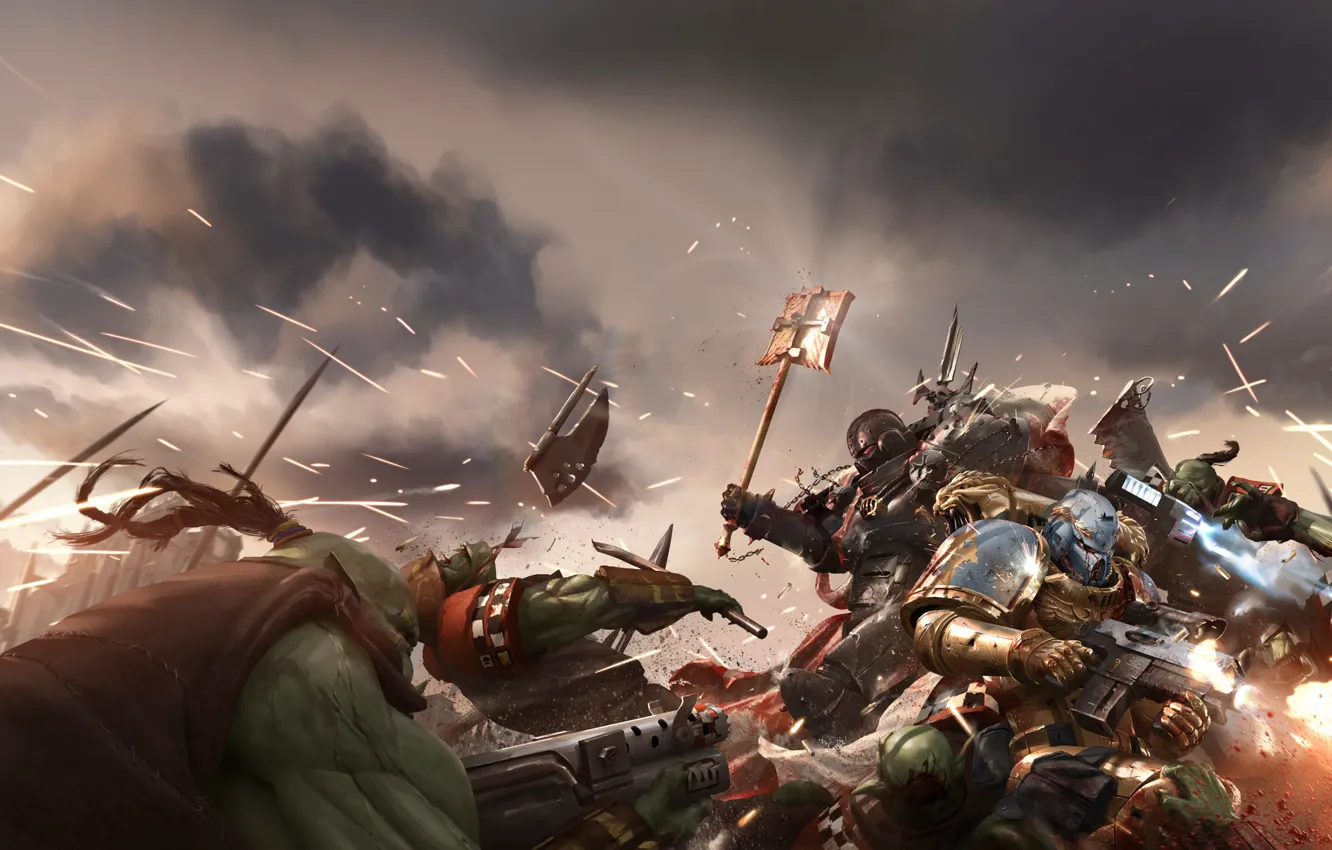 Фото обои война, бой, битва, орк, art, space marine, Вархаммер, Warhammer 40K