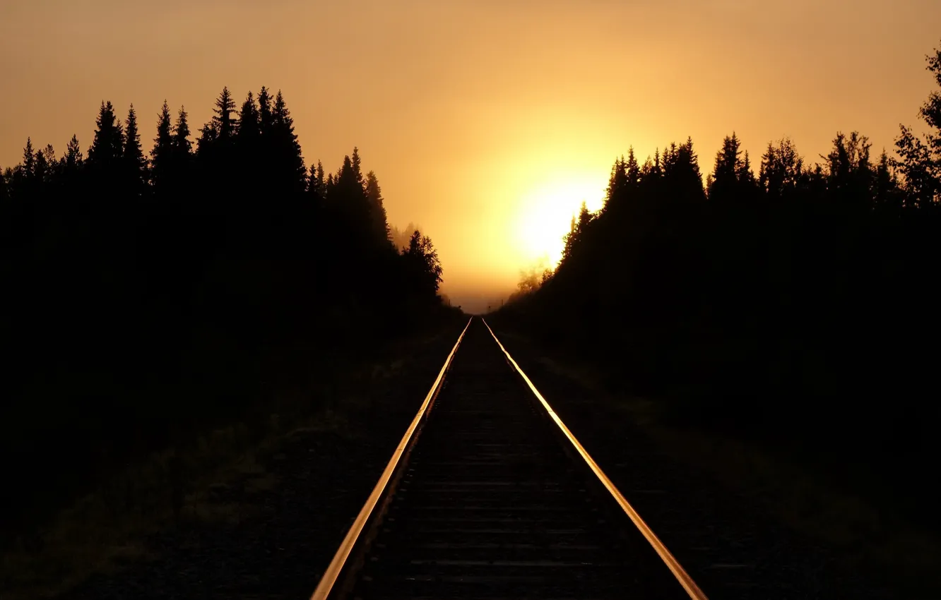 Фото обои свет, закат, железная дорога