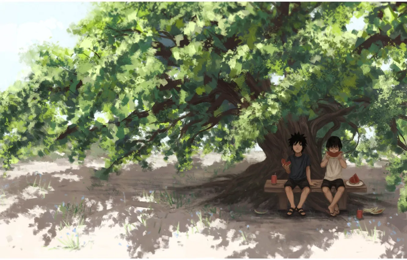 Фото обои арбуз, Naruto, друзья, art, tree, Hashirama Senju, Uchiha Madara