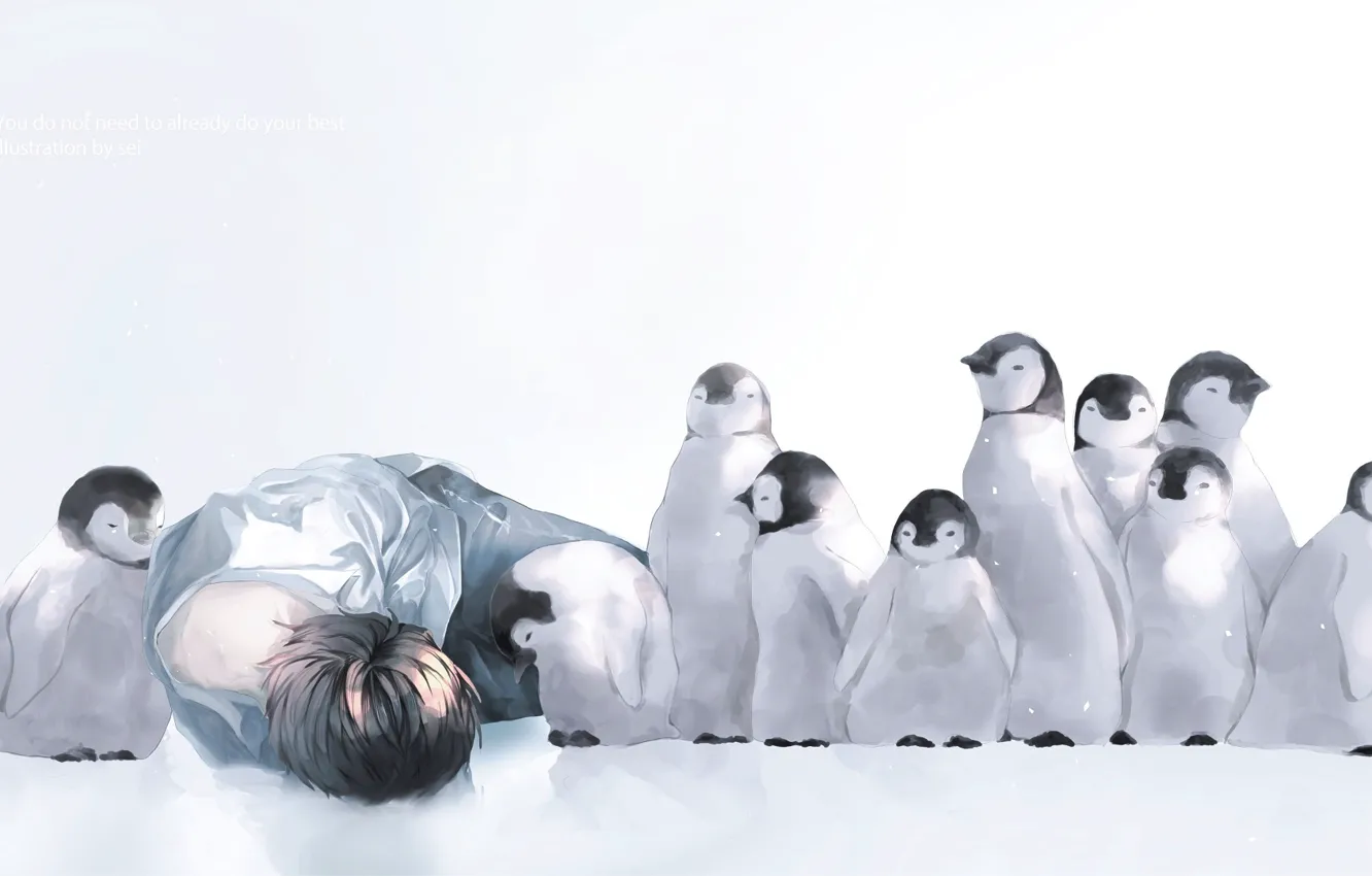 Фото обои снег, пингвины, парень, птенцы, by 世