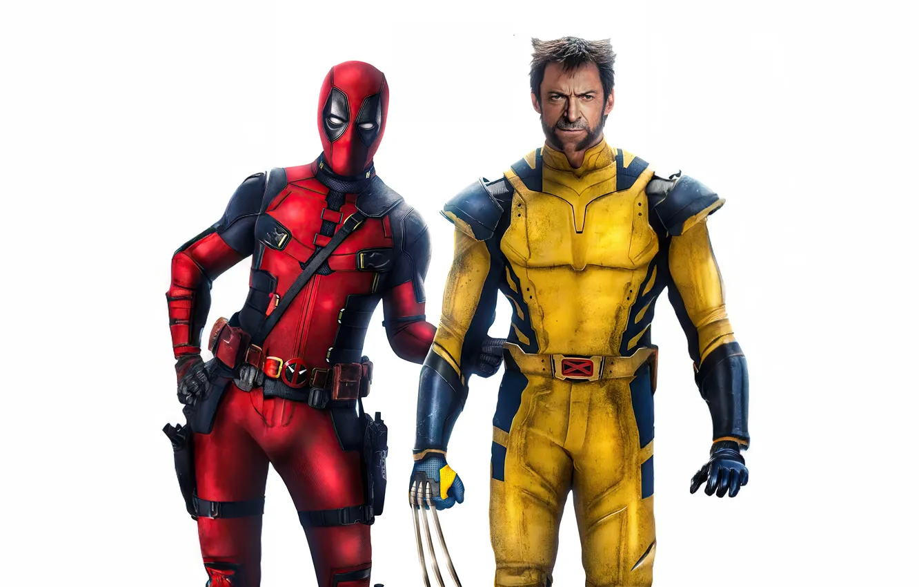 Фото обои белый фон, Росомаха, Дедпул, Deadpool & Wolverine