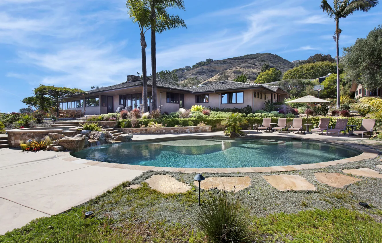Фото обои дом, камни, пальмы, вилла, бассейн, Калифорния, США, Laguna Beach