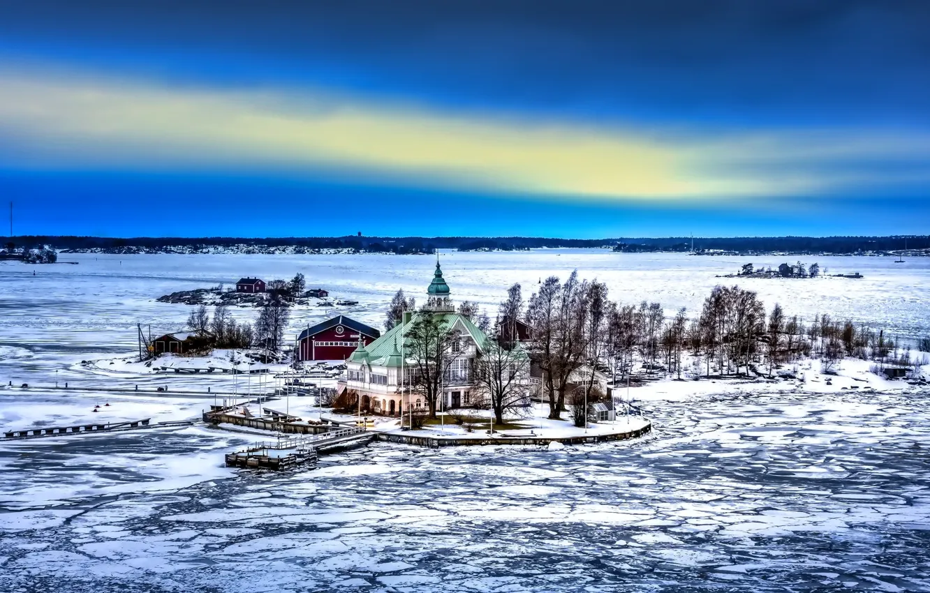 Фото обои лед, зима, небо, снег, озеро, дом, остров, церковь