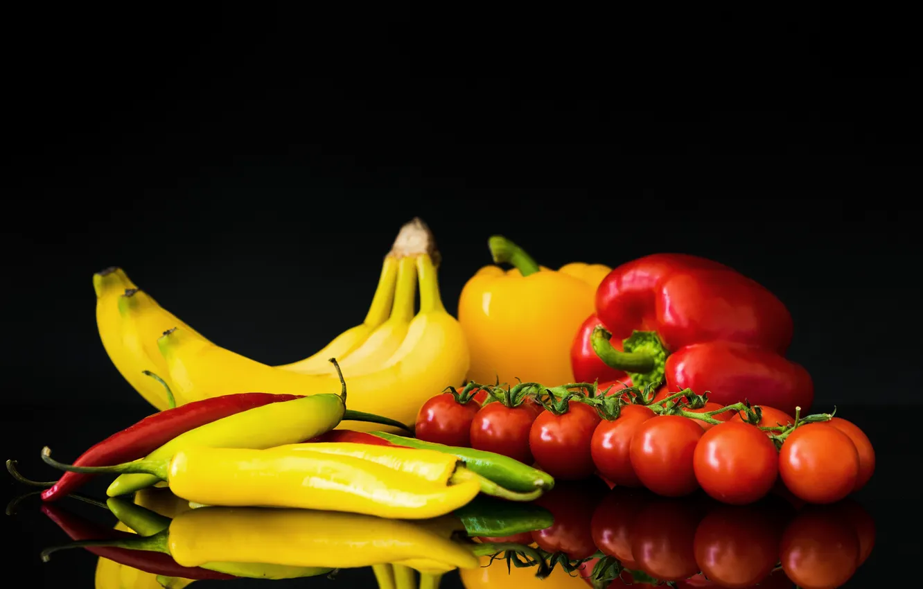 Фото обои фон, бананы, перец, овощи, помидоры
