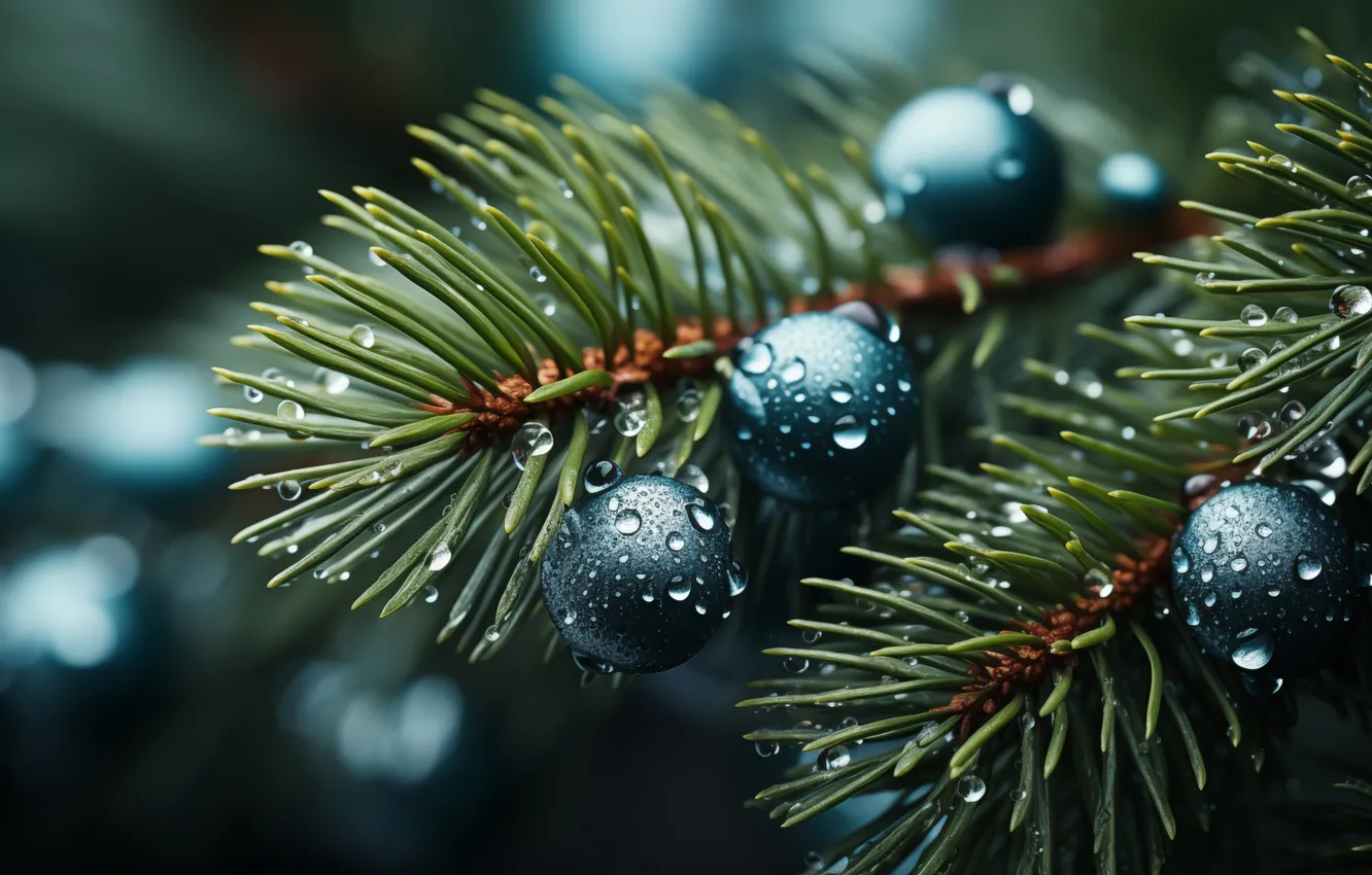 Фото обои зима, капли, снег, украшения, елка, Рождество, Новый год, Christmas