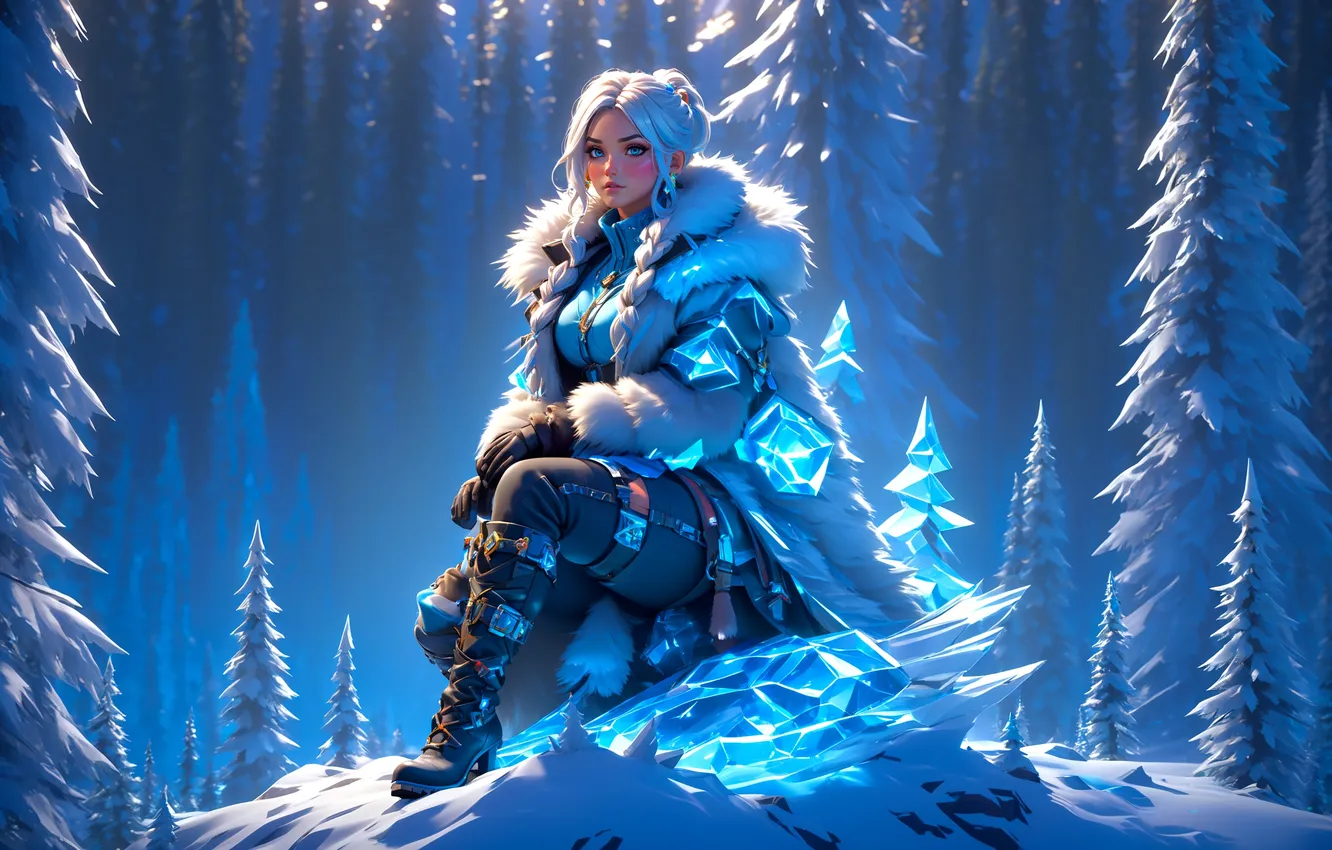Фото обои girl, ice, fantasy, forest, blue eyes, winter, snow, coat