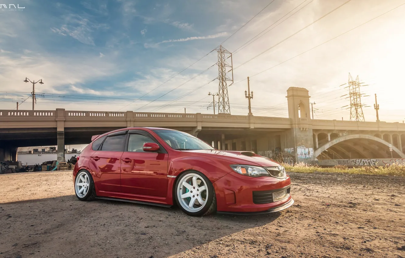 Фото обои тюнинг, turbo, red, white, wheels, subaru, japan, bridge