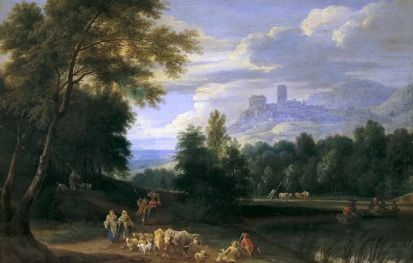 Фото обои животные, горы, люди, замок, башня, картина, Адриан Франс Будевинс, Пейзаж с Пастухами