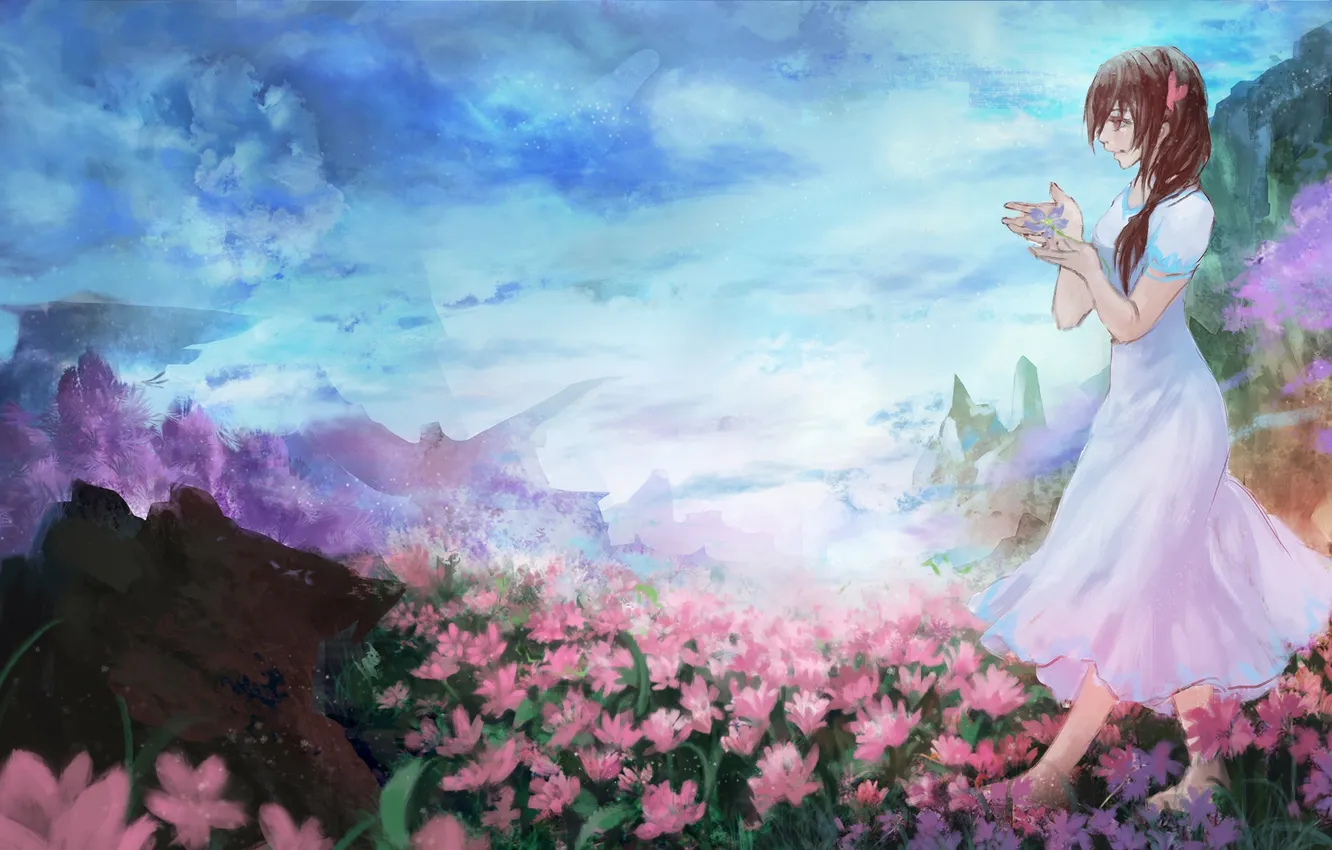 Фото обои небо, девушка, облака, цветы, горы, природа, аниме, арт