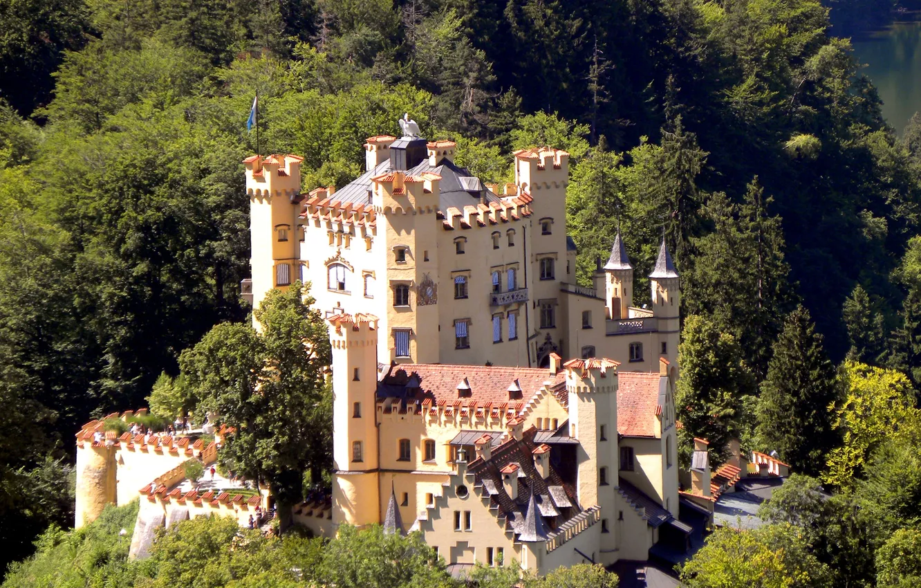 Фото обои лес, деревья, озеро, замок, Германия, Hohenschwangau